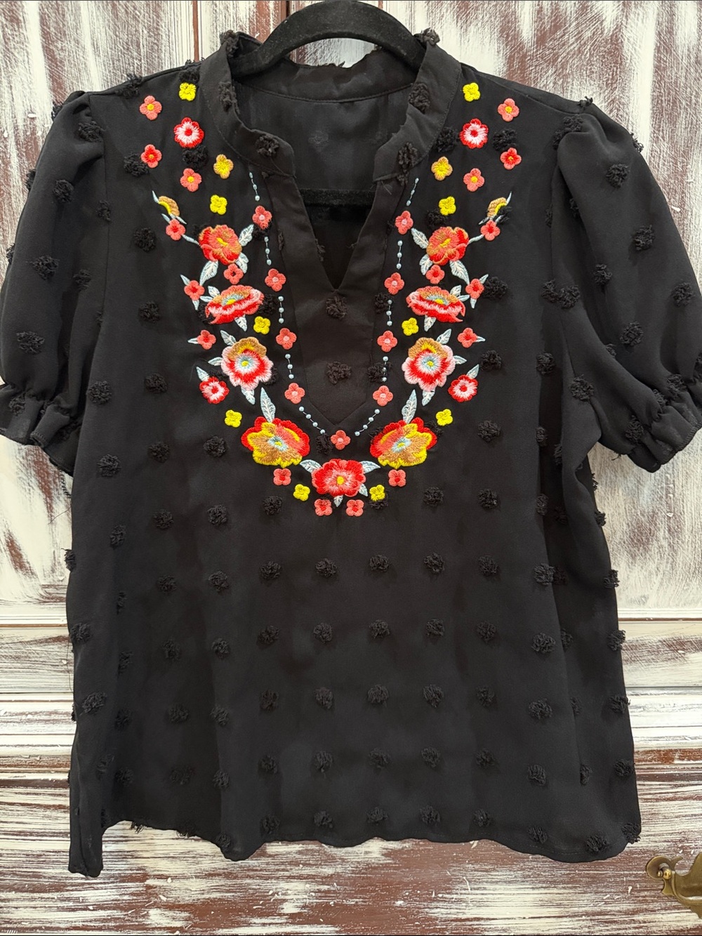 Black Floral Embroidered V-Neck Women’s Top